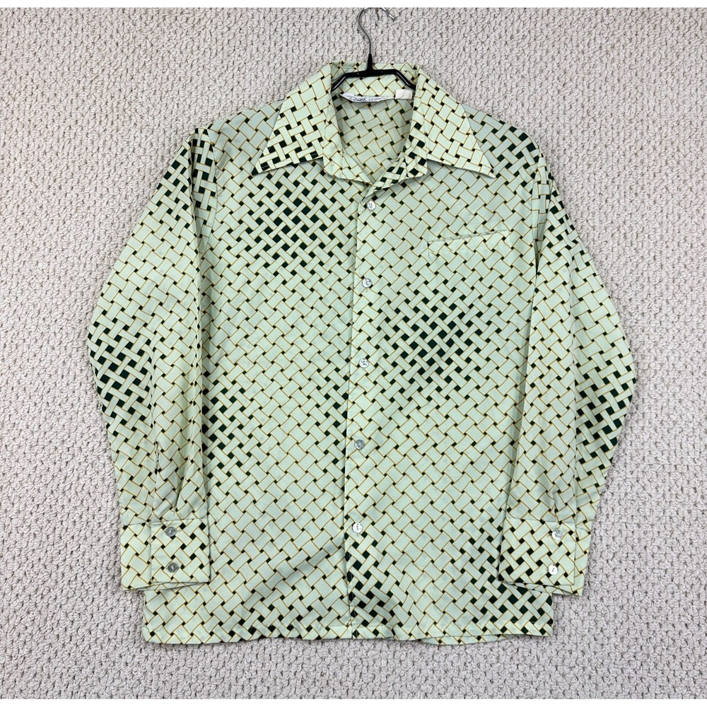 Vtg Lancer California Shirt Mens Medium Green Disco Weave AOP Back Darts 70s